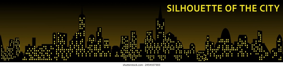 The city at night. Drawing of the city skyline of buildings with bright light in the windows. EPS 10.