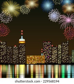 City at night with fireworks