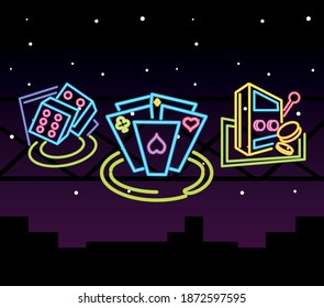 city night gambling entertainment neon sign icons vector illustration