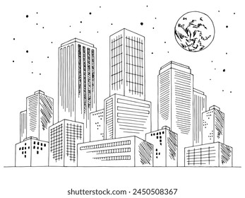 City night graphic black white cityscape skyline sketch illustration vector 