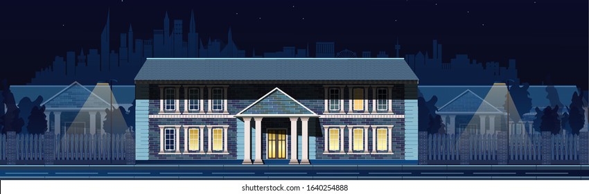 City at night. High-rise glass houses, residential buildings, cafes, lanterns. Vector