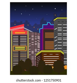City night houses in lights, vector design