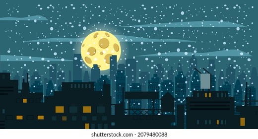 City night illustration, winter, roofs, silhouette. Cityscape modern panorama, urban landscape with downtown scyscrapers, buildings, windows. Vector cartoon style