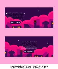 City Night Landscape Banner Set Design Template EPS10 dark blue with white stars sky banner set and pink clouds, silhouette city night life with lamps turned on with description box and more info but