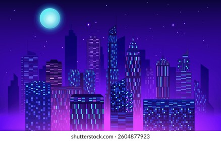 City night landscape horizontal illustration blue-purple atmosphere city skyline