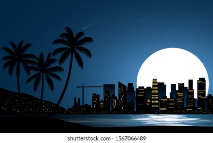City night landscape with palm tree