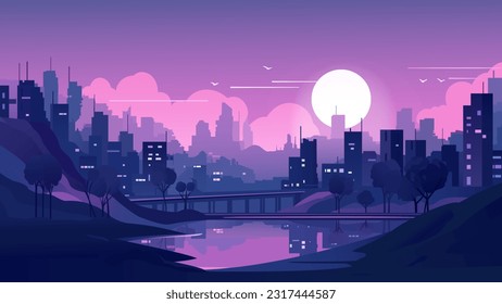 El paisaje de la ciudad por la noche. Las ciudades están en el fondo de la ciudad. Ciudad nocturna futurista. Paisaje nocturno urbano con luces de neón morado y azul brillantes. Ilustración de estilo Cyberpunk.