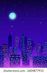 City night landscape vertical illustration blue-purple atmosphere city skyline