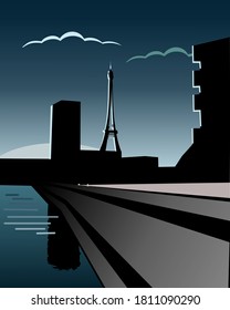 The city at night and the lonely car. Vector graphics. Background image.