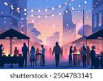 City night market festival scene with people silhouettes vibrant lights urban setting colorful background street stalls social gathering