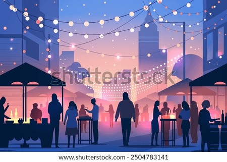 City night market festival scene with people silhouettes vibrant lights urban setting colorful background street stalls social gathering