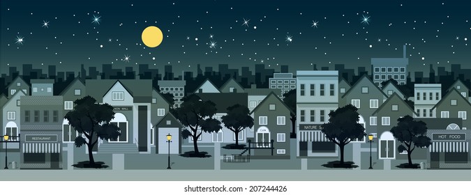 City At Night With Moon In The Background.