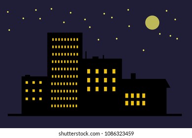 City night with moon and stars vector illustration on dark background