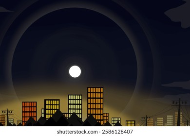 city ​​view at night with moonlit sky background