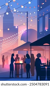 City night outdoor party people silhouettes festive lights modern urban scene evening celebration