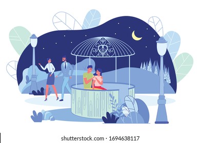 City Night Park Landscape with Loving Couples - Background. Man and Woman Cartoon Characters Walking and Sitting Together in Summer Arbor. Romantic Relationships and Leisure. Flat Vector Illustration.