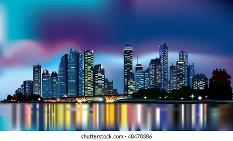 city at night reflecting over calm waters, with dramatic sky in the background