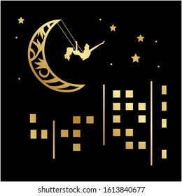 city night scene with woman swinging on the moon, vector