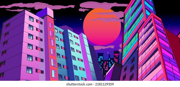 city at night, sky scraper retro futurisctic wallpaper vector vaporwave