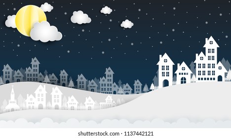 The city and night sky with winter weather. vector illustration