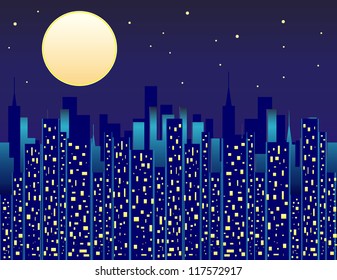 City at Night - City skyline at night with illuminated windows and a bright large moon