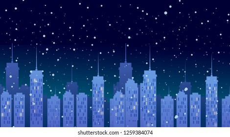 The city at night with snowfall
