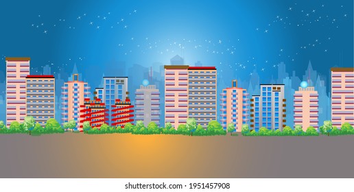 City at night with stars in the background.