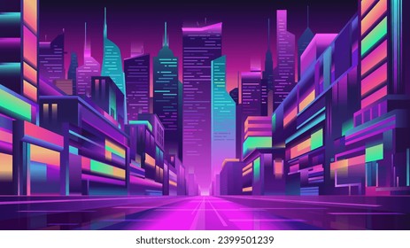 City night street with houses and buildings with glowing blue and violet neon lights, perspective view, Big city panorama with modern architecture and skyscrapers, Vector skyline illuminated urban