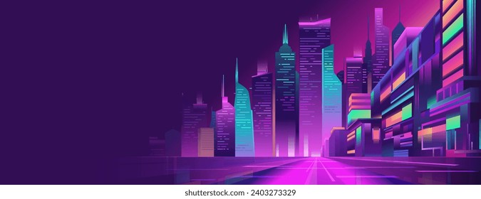 City night street with houses and buildings with glowing blue and violet neon lights, perspective view, Big city panorama architecture and skyscrapers, Vector skyline illuminated urban, web banner
