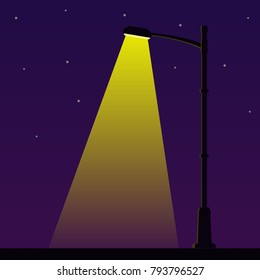 City night street light with light from streetlight lamp. Outdoor Lamp post in flat style. Spotlight Vector illustration