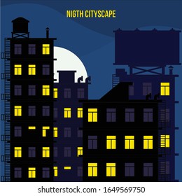 City at night. Vector illustration of apartment blocks in a city at night.