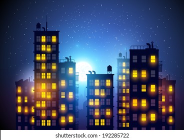 City at night. Vector illustration of apartment blocks in a city at night.