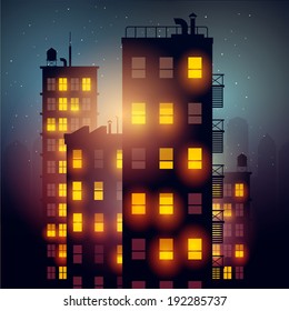 City at night. Vector illustration of apartment blocks in a city at night.