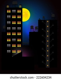 City at night. Vector illustration of apartment blocks in a city at night