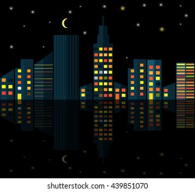 City at night. Vector illustration of apartment blocks in a city at night.
