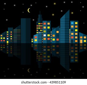 City at night. Vector illustration of apartment blocks in a city at night.