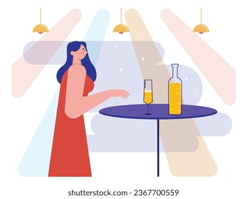 The city nightlife is in disco, beautiful women wearing red dress are partying while drinking champagne and flashing lights. Character design. Vector flat illustration