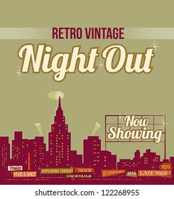 City nightlife - vintage retro design - editable vector background