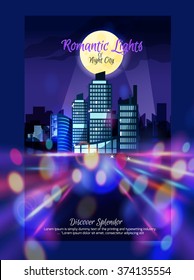 City nightscape purple poster in frame with skyscrapers illuminated by moon building silhouettes and colorful lights flat vector illustration 