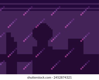 City Nightscape at Rain in Pink Hue, Pixel Art Style Background