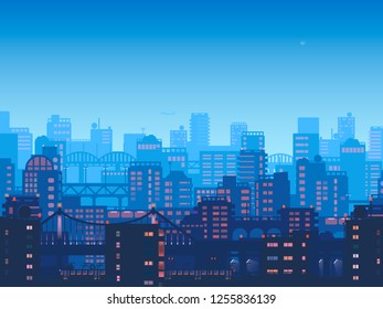 City at night.Vector town in flat style design.Panorama of the big city at night