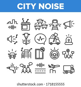 City Noise And Sounds Collection Icons Set Vector. Rattle Of Train Wheels And Car Signal City Traffic, Drill And Jackhammer, Plane And Truck Concept Linear Pictograms. Monochrome Contour Illustrations