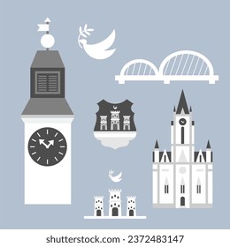 Icono simple de la ciudad de Novi Sad conjunto negro y blanco, ilustración vectorial