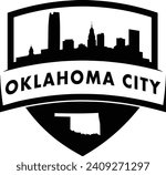 City of Oklahoma City black and white shield style city buildings silhouette shield graphic with knockout white outline of the state border shape under name. Vector eps design. 