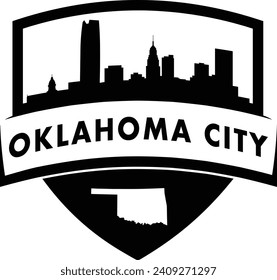 City of Oklahoma City black and white shield style city buildings silhouette shield graphic with knockout white outline of the state border shape under name. Vector eps design. 