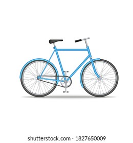 City old bike isolated on white background, realistic 3d model vector illustration in blue, environmentally friendly vehicle.