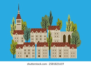 a city of old buildings with trees