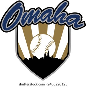 City of Omaha Nebraska with baseball inside home plate shaped shield and script lettering above. Vector eps graphic design.