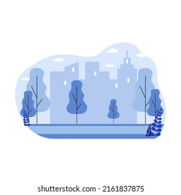 City on background flat vector illustration. People riding on bikes in urban park. Healthy lifestyle, vacation and leisure