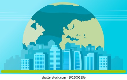 City on background of planet and blue sky. Skyscrapers and high-rise buildings. Modern town landscape and architecture in daytime. Cityscape and silhouettes of houses flat vector illustration